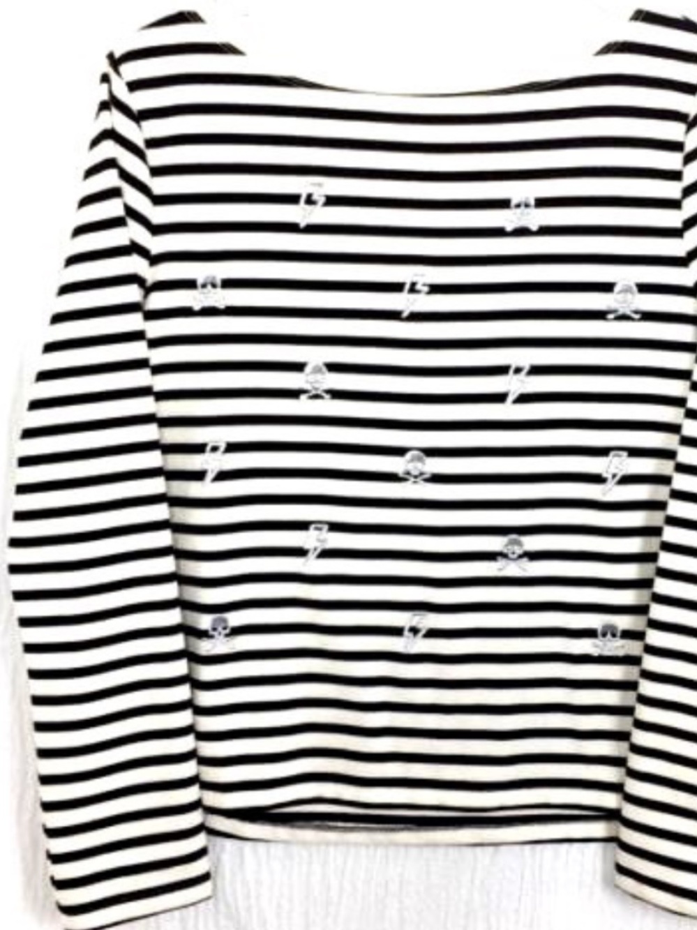 BETSEY JOHNSON Striped Black & White Sweatshirt Top Silver Skull Embellishments
